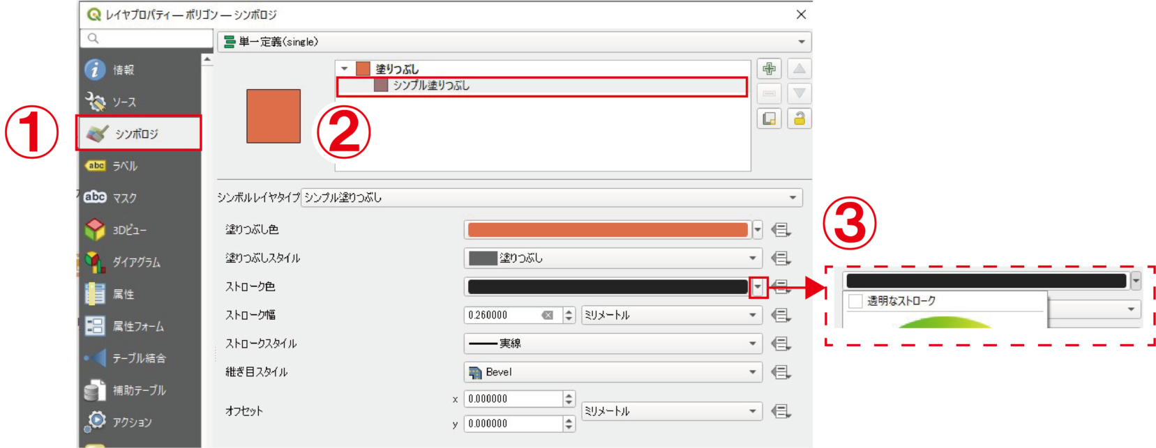 QGIS　ポリゴンの見やすい表示方法